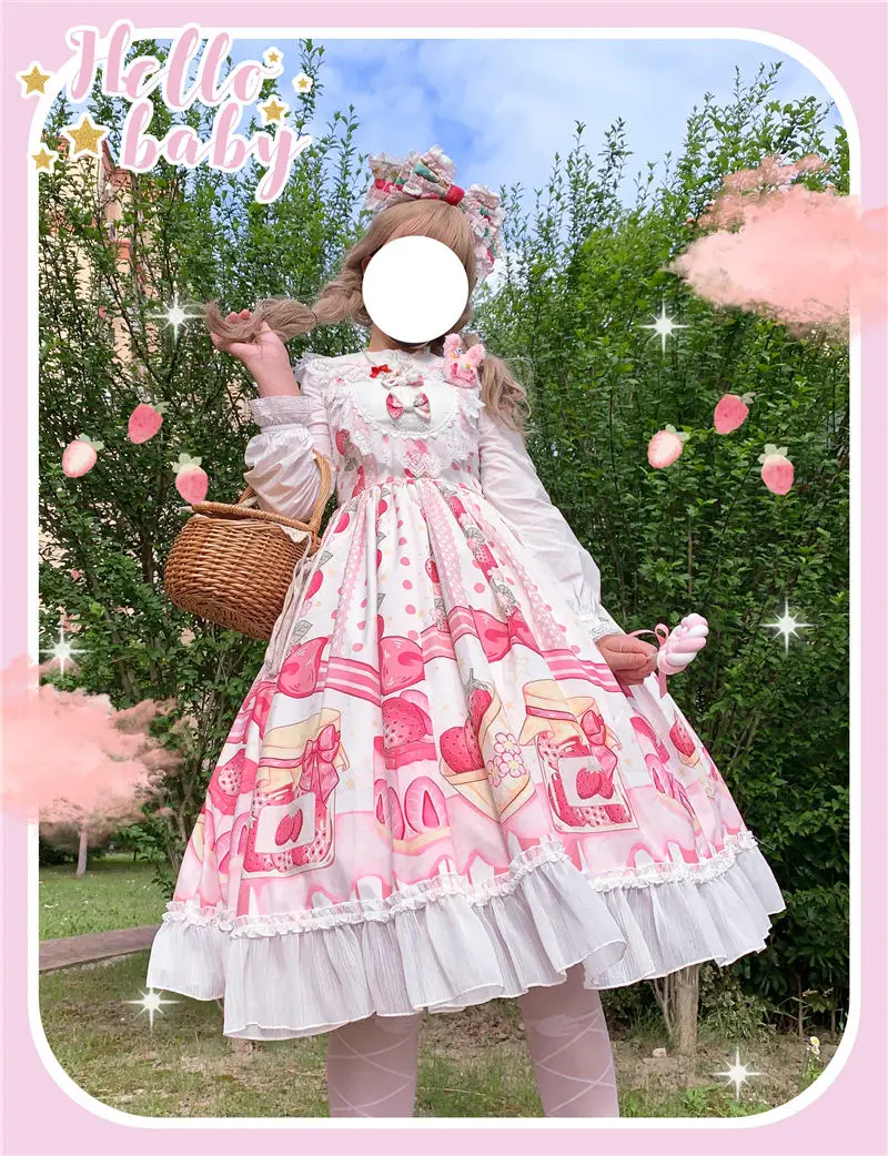 Vestido japonés de verano Lolita JSK, vestidos dulces de Lolita para mujer, vestido suave con hongos para mujer, vestido con volantes de cintura alta de encaje
