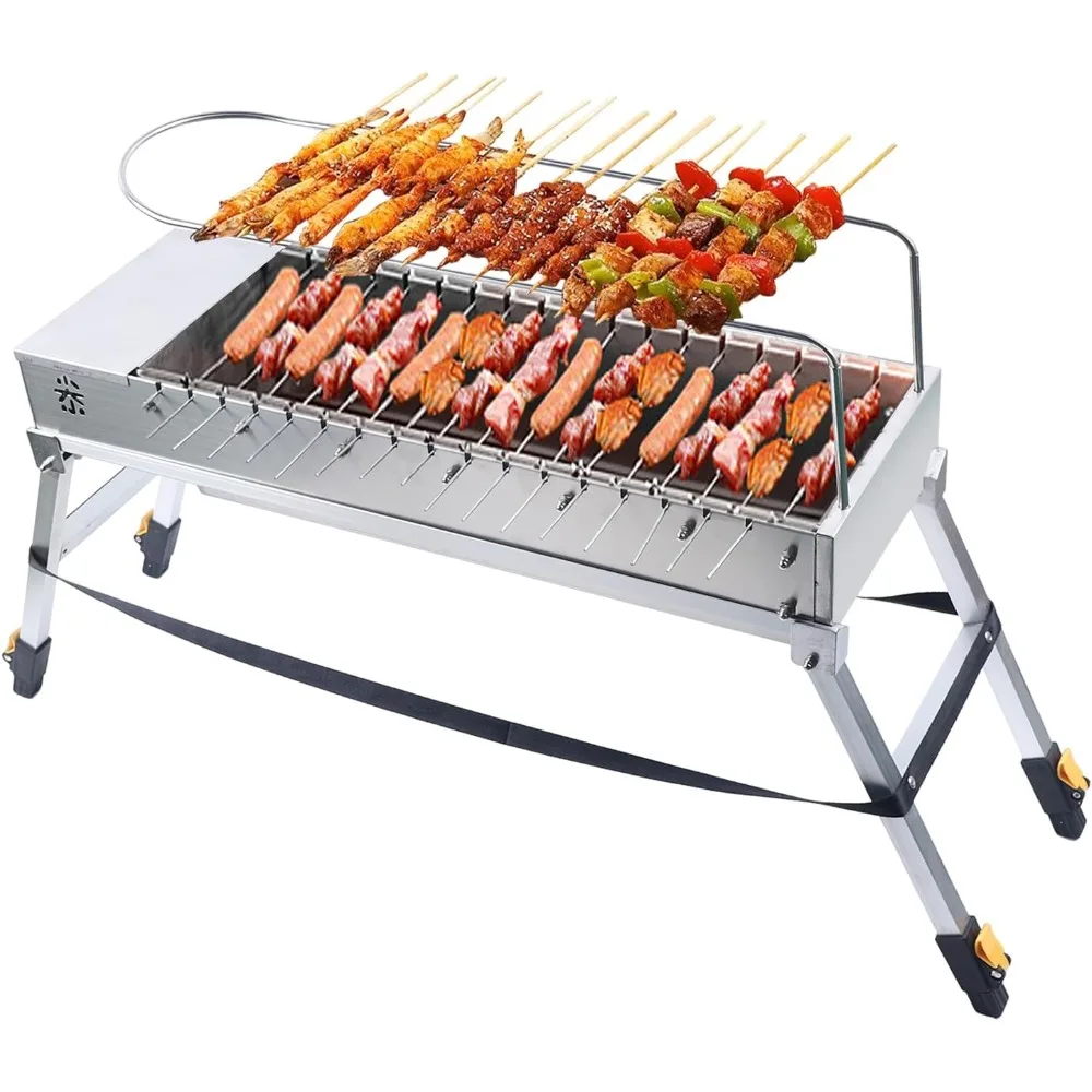 

Portable Charcoal Grill with Rotating Skewers, Foldable Stainless Steel BBQ Grill for Camping Picnic Outdoor Cooking, Compact Ta