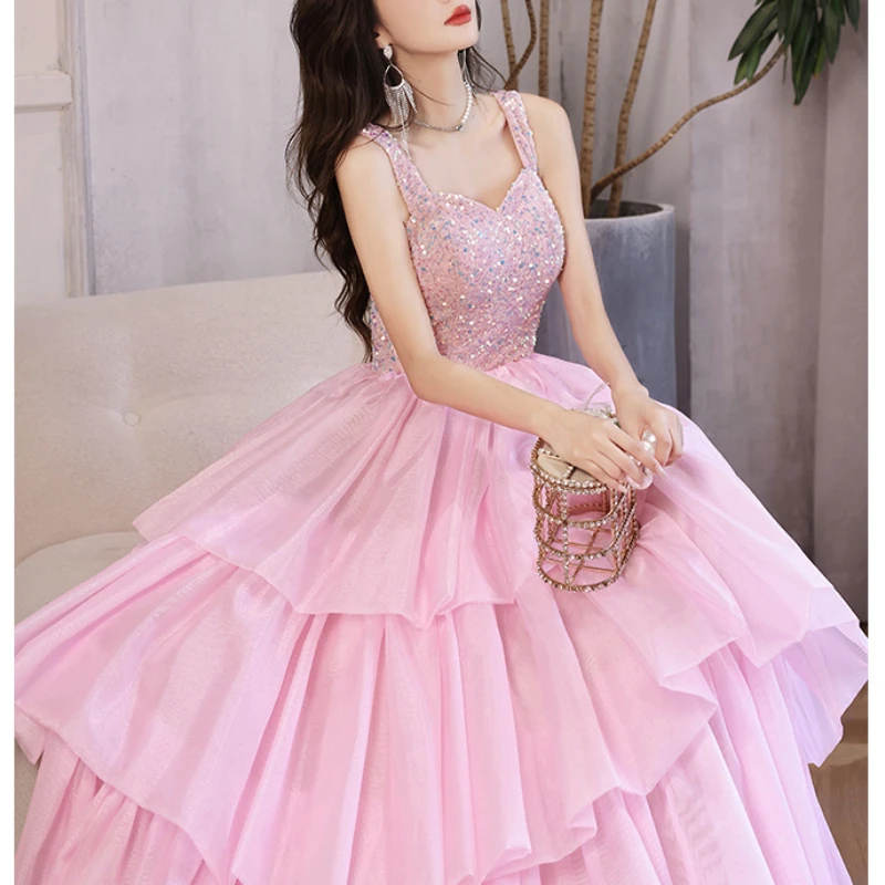 Vestido de noche rosa con lentejuelas y tirantes para mujer, falda larga de pastel con temperamento, elegante, de cintura alta, para fiesta y graduación, 2024