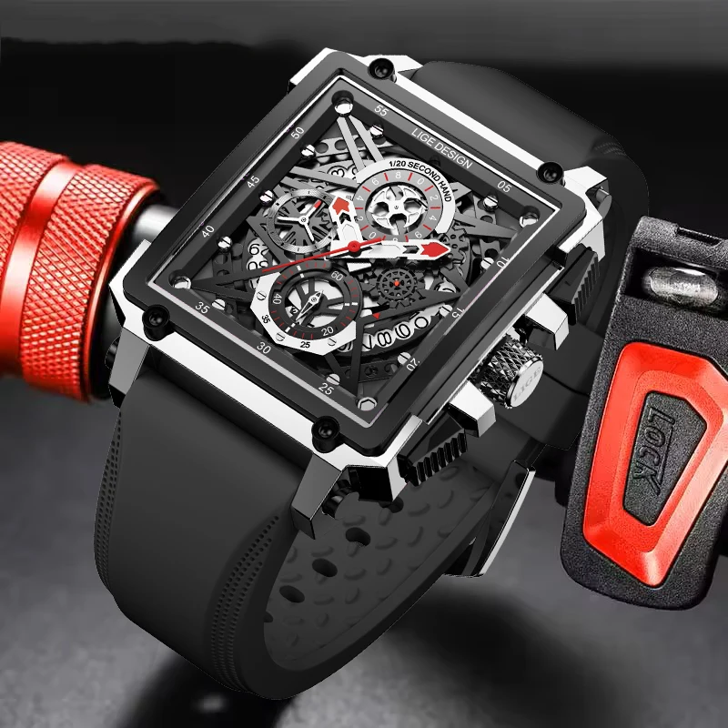 

LIGE модные квадратные черные силиконовые часы для мужчин, повседневные деловые спортивные водонепроницаемые часы, мужские креативные полые хронографы с датой