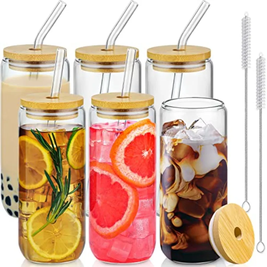 

20 Oz Drinking Glasses with Bamboo Lids and Glass Straw - 6 Pcs Glass Cups for Beer Ice Coffee Aesthetic Design Ideal for Coffe