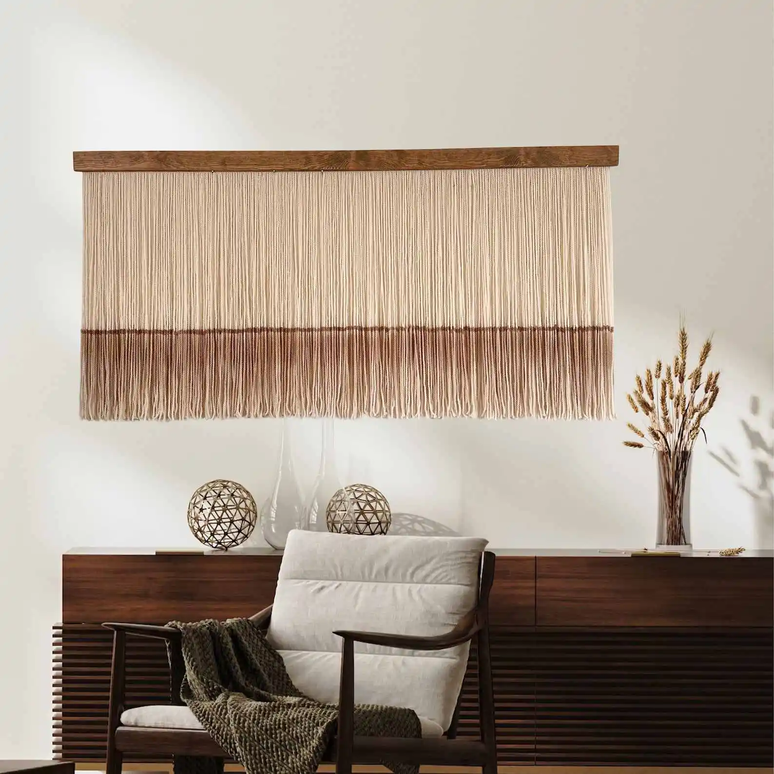 #￥forBoho HandmadeMacrame Vertical Wall Hanging Gradient Cotton Rope Tapestry Wooden Rod Bohemian Art Living Room Bedroom Spaces