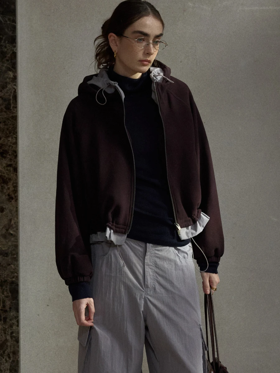 

Soft Skin-Friendly Color Blo Hooded Fake Two-Piece Women's Cotton Jaet Casual Sle Waist-Cinching ort Coat C5532