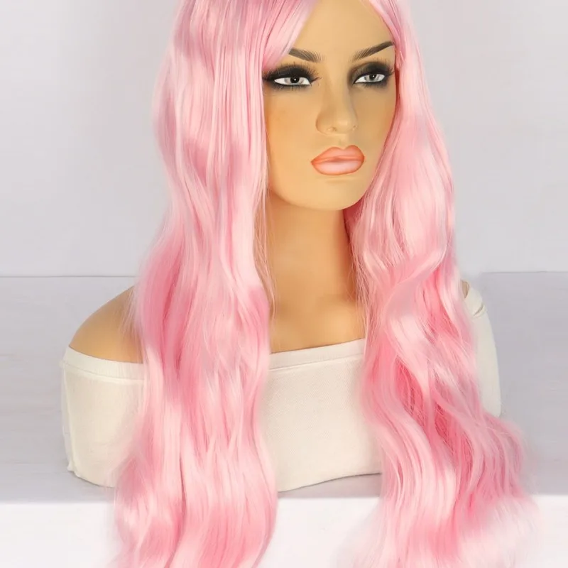 Wig for European and American women, synthetic fiber, pink, middle-parted, wavy bangs, long curly hair, high-temperature fiber - view 2