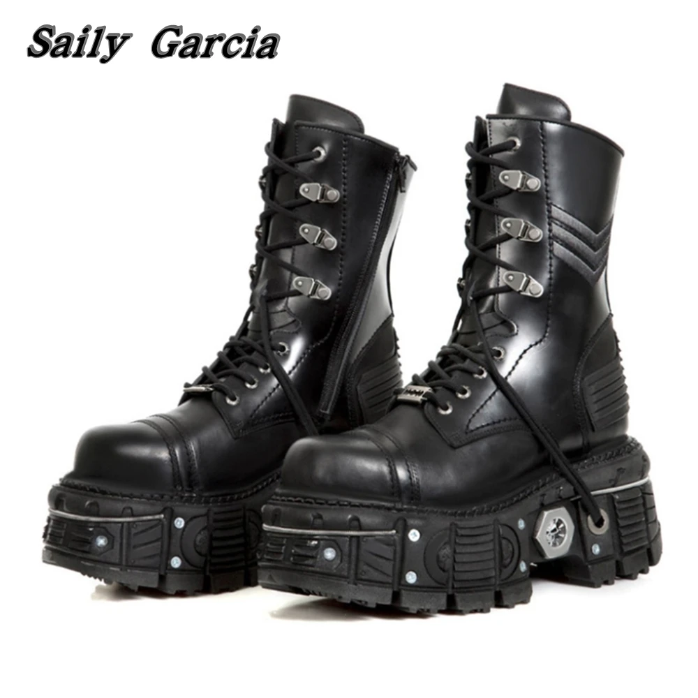 Botas femininas de motocicleta com renda, sapato preto fosco, estilo punk de microfibra, toe redondo, decoração de metal, novo, 2024