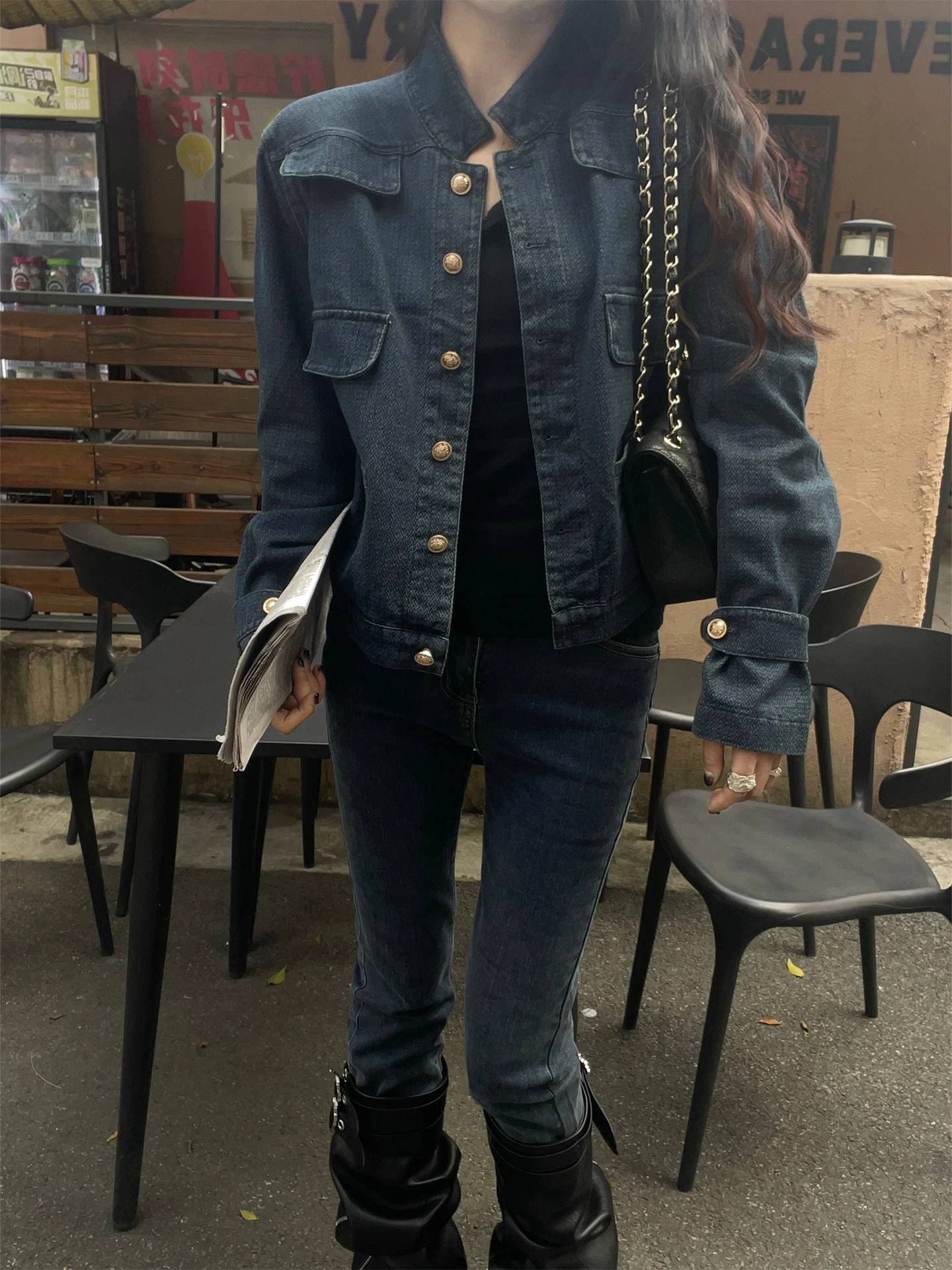 

Star River STVER ort Denim Jaet Women's oulder Length Stand Collar Multi ket Waed Jeans Jaet Faionable Ladies'...