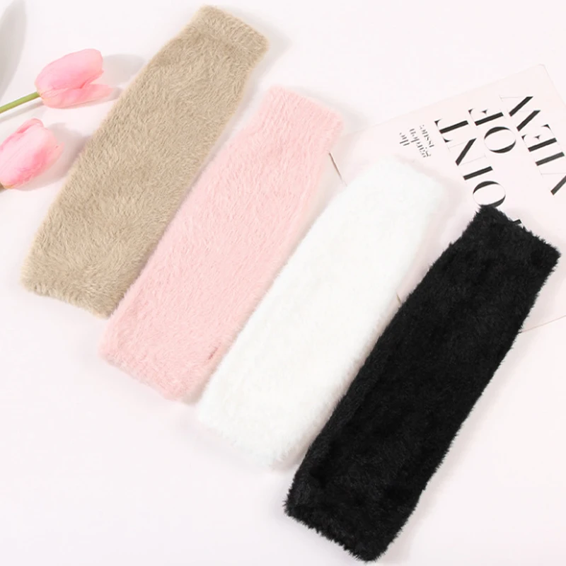 Pink Knit Mitten Gloves Wrist Warmer with Thumb Hole Mink-Like Velvet Arm Warmer for Women Winter Fingerless Gloves