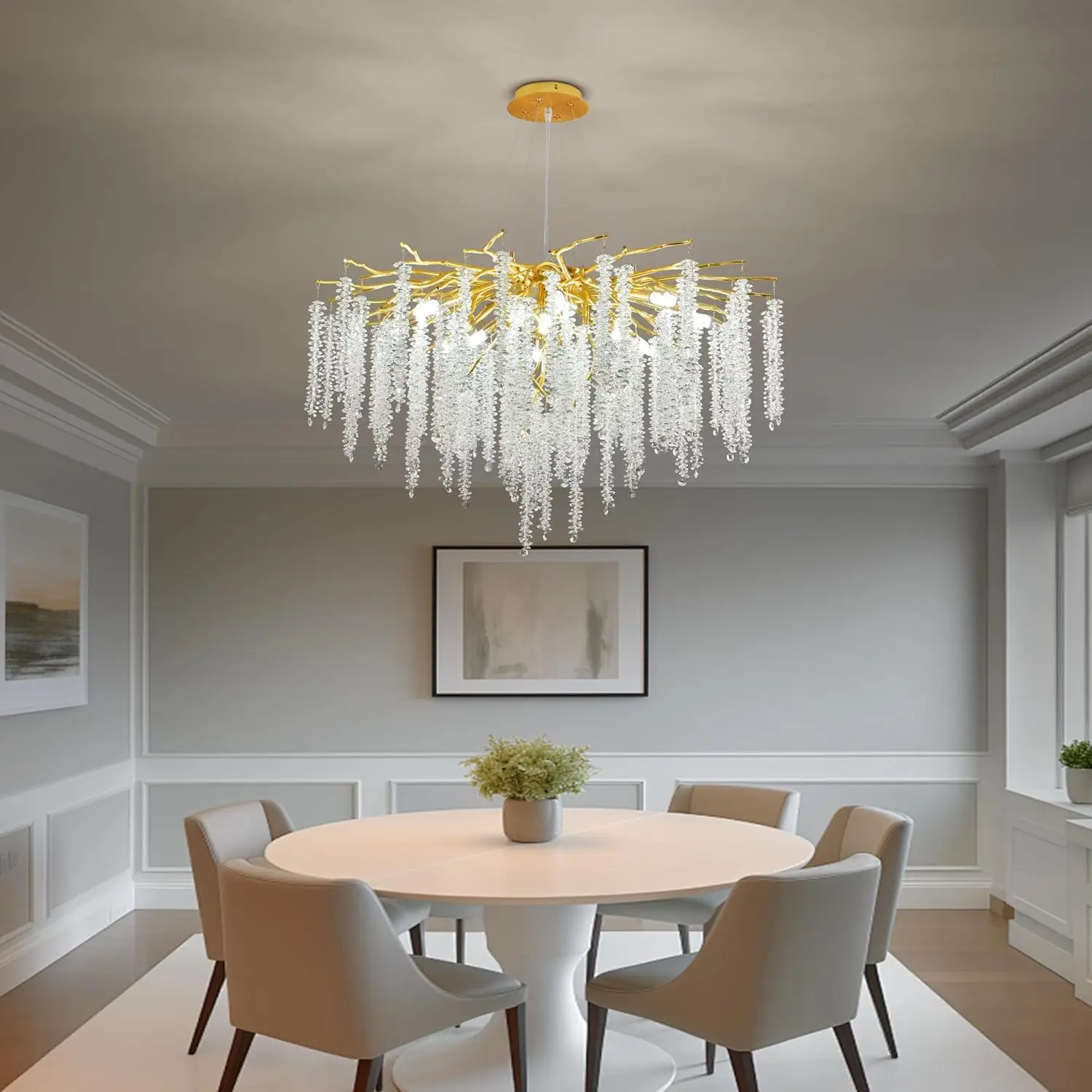 Gold Luxury Round Raindrop Crystal Pendant Light 8 Lights Ceiling Hanging Light for Dining Room