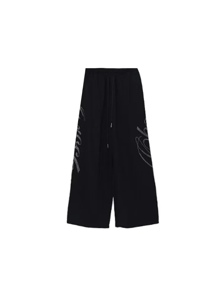 Women's Fashion Pattern Print Vintage Sports Pants Hip-hop Girl Wide-leg Bottoms High-waisted Trousers Female Black Sweatpants