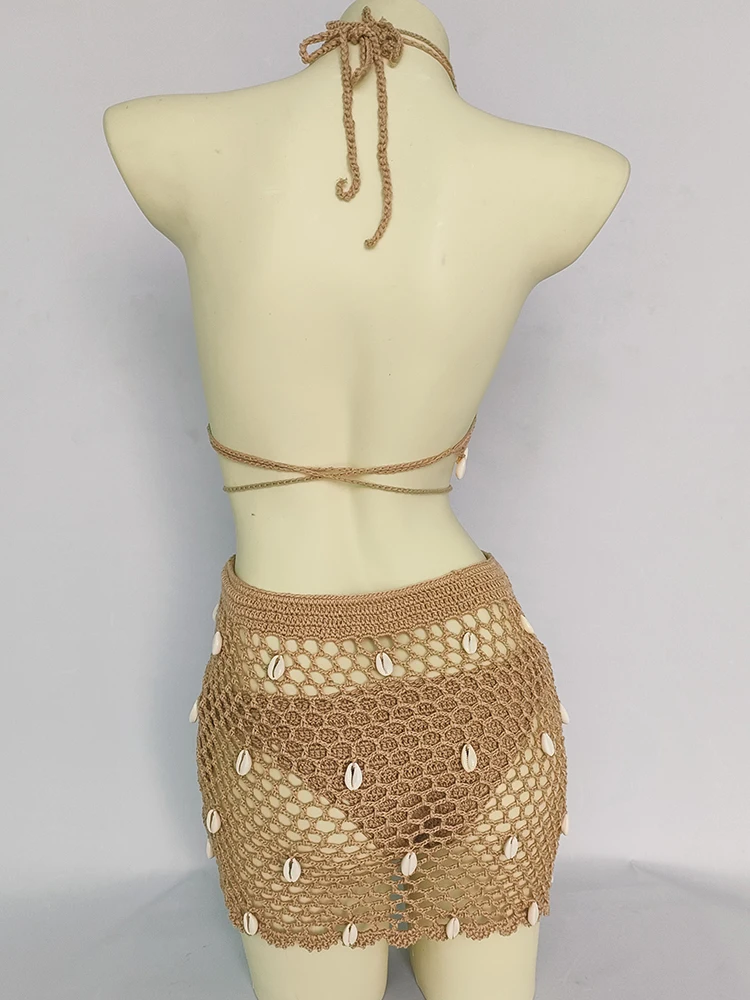 4 peças mulher conjunto de biquíni crochê concha borla topo sexy tanga inferior transparente oco para fora bandagem cintura alta saia de praia curta