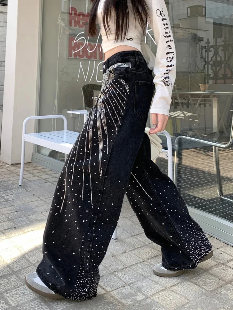 

Винтажные мешковатые джинсы Y2K со стразами, женские широкие брюки в стиле Харадзюку в американском стиле, уличная одежда, джинсовые брюки