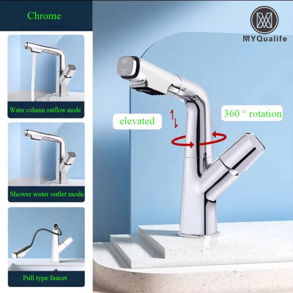 Chrome Basin Faucet Pull Out  Nozzle Adjustable Faucet Kitchen Mixer Crane Hot and Cold Taps