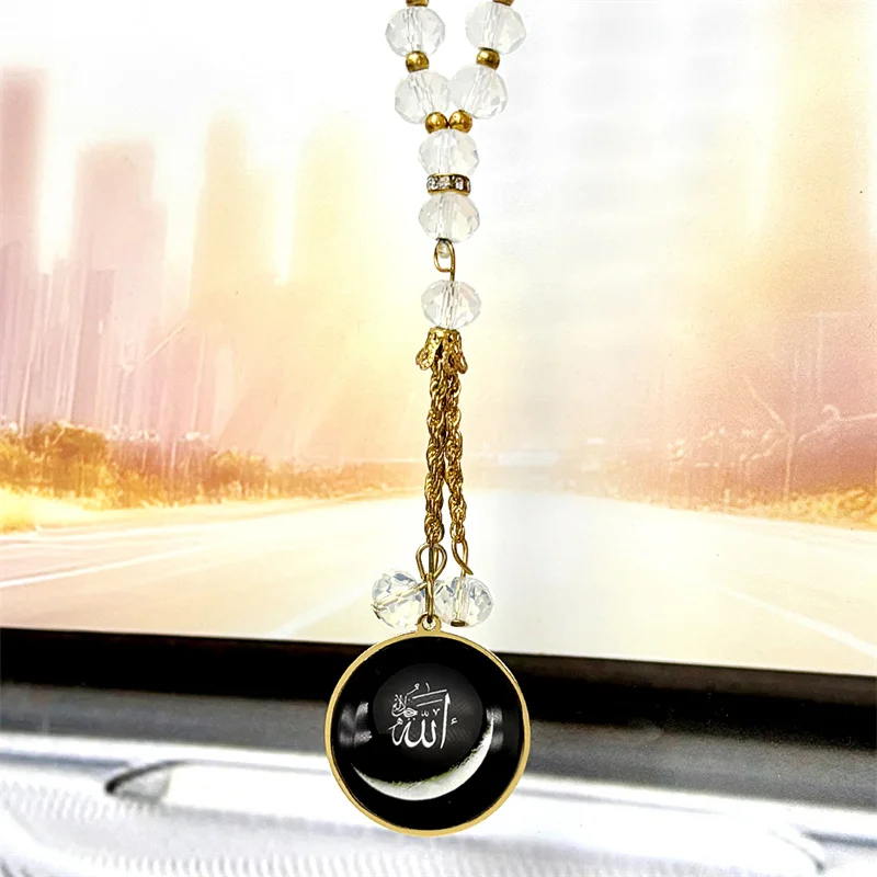 무슬림 이슬람 알라 초승달 유리 자동차 펜던트 체인 남녀용 스테인리스 스틸 골드 컬러 아랍 부적 체인 장신구