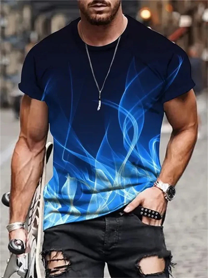 Herren T-Shirt mit Blauem Flammen-Abstraktdruck, Lässiger Rundhalsausschnitt, Kurzarm-Shirts mit Farbverlauf-Grafik für Streetwear und Ausgeh-Looks