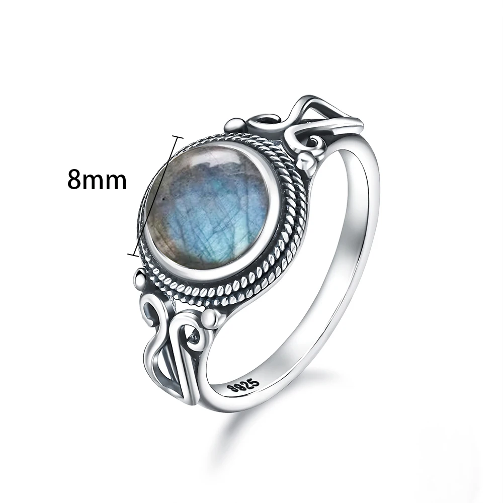 Bague Vintage en argent Sterling 925 avec pierre de Labradorite naturelle, forme ronde de 8MM, pierre précieuse forte et légère, cadeaux pour femmes et hommes