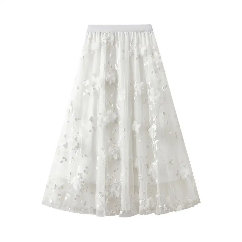 Hot 2026 Summer New Mesh Embroidered Heavy Duty Half Body Yarn Skirt Fashion Versatile Princess Style High Waist A-Line Skirt