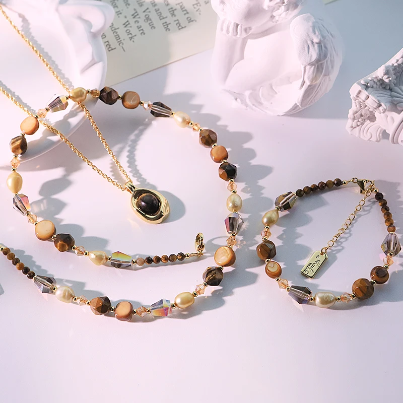 

Natural Pearl Tiger Eye Stone Pendant Bracelet Set of Three New Design Creative Set for Banquet Gifts Women's Jewelry GS0219