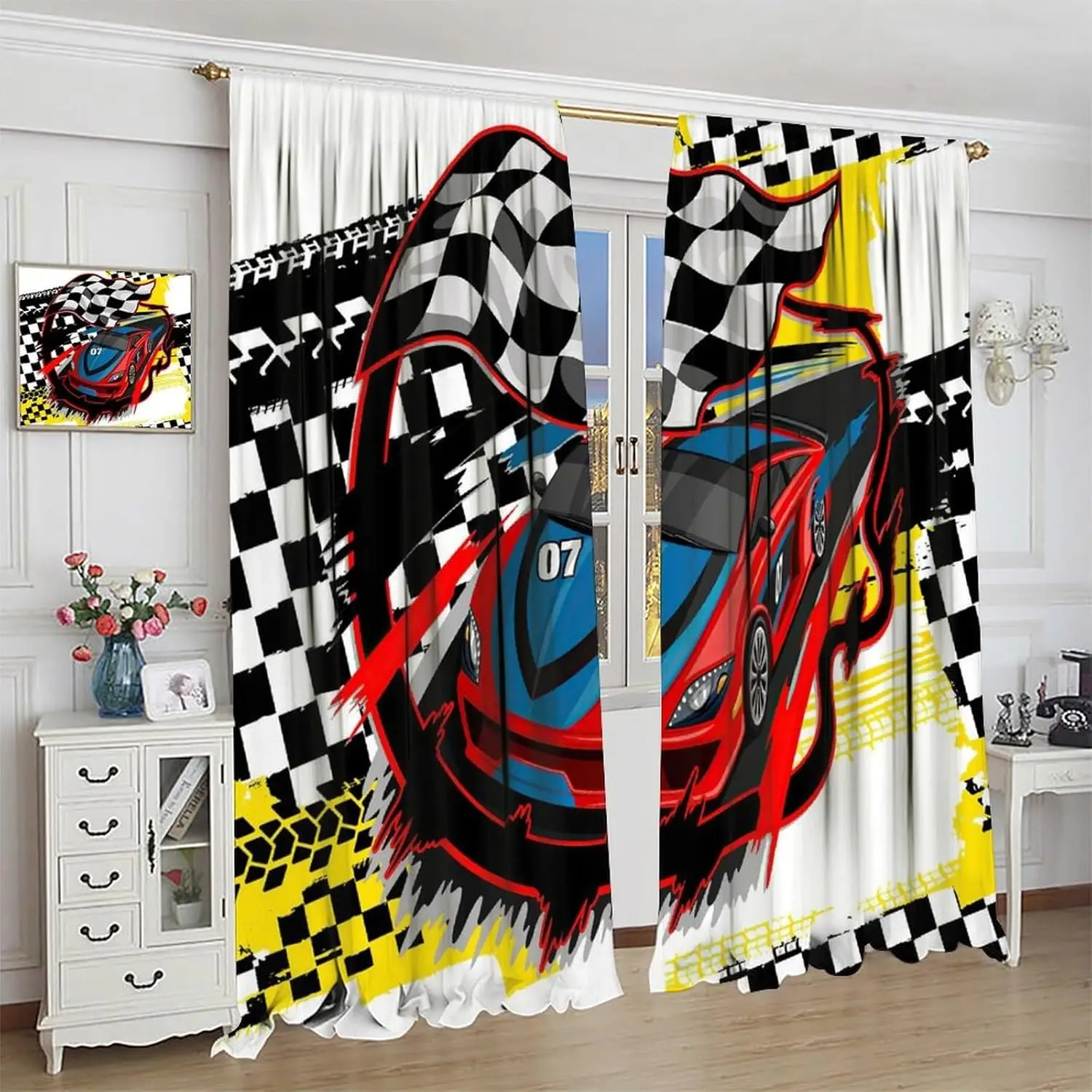 Racing Car Kids Blackout Curtains,Checkered Flag Racing Abstract Red Background Decoration, Bedroom Living Room Kitchen Curtains