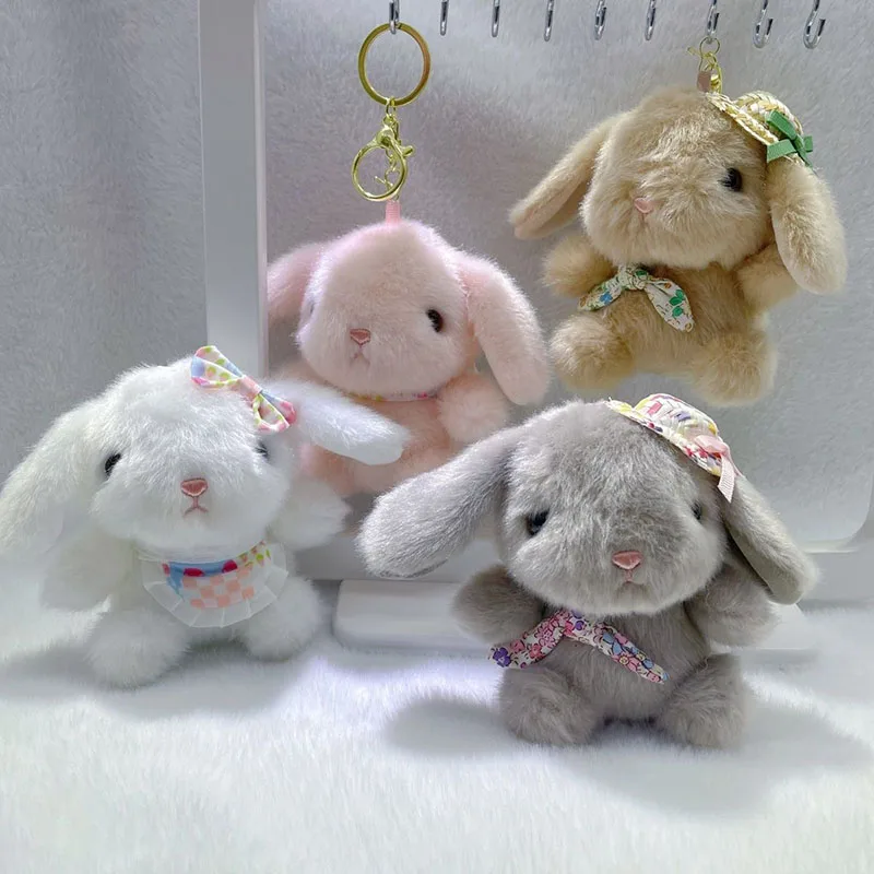 Cute Bunny Plush Keychain Soft Fluffy Rabbit Doll with Floral Bow Hat Multiple Styles Kawaii Stuffed Animal Pendant for Backpack