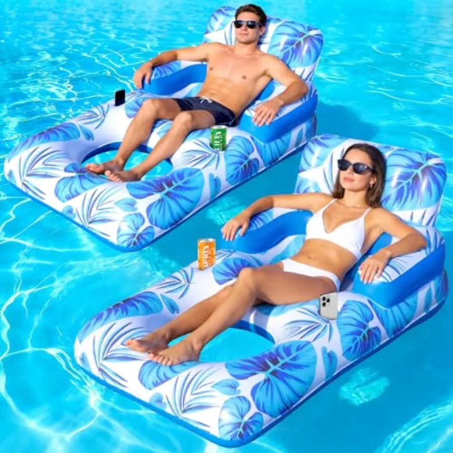 Adult pool floats for outdoor use thickened PVC material blue color extra-thick design with cup holder phone holder headrest ba