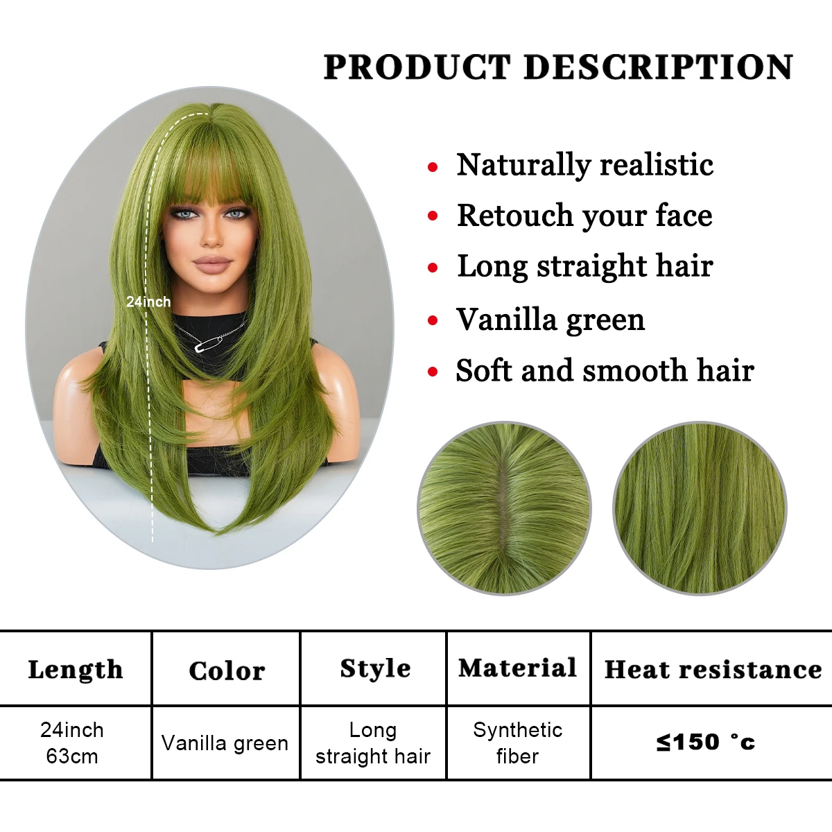 PARK YUN-Perruque verte longue droite pour femme, cheveux synthétiques naturels en couches avec frange de rideau, perruques de cosplay vanille