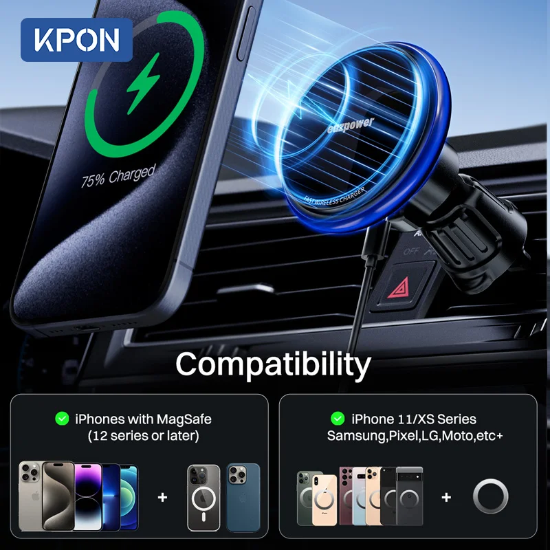 KPON-Support de téléphone magnétique pour voiture, charge sans entrepôt, réglable à 360 °, évent 15W, universel pour iPhone 14 15 16, support de smartphone