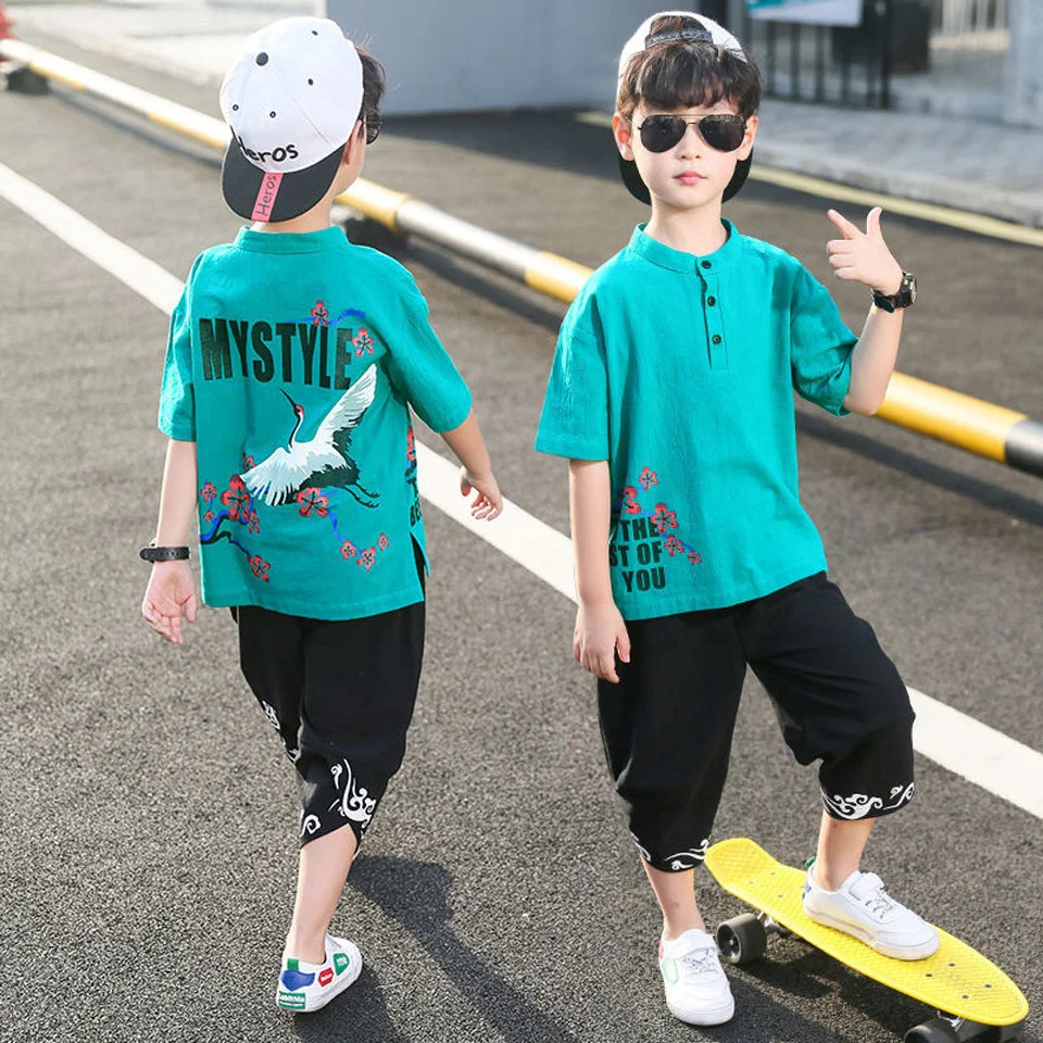 2023 China Style Designed Summer Infant Kids Baby Boys Clothes Sets Short Sleeve T-shirt Shorts 2Pcs Outfits For 4 6 8 10 12 13