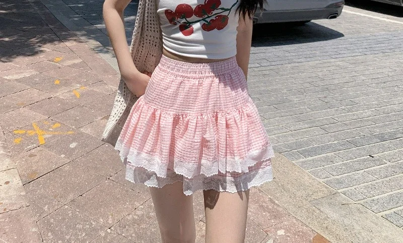 

2026 Summer New Sweet and Girlish Lace Patchwork Plaid Women's A-line Slimming and Fluffy Half Body Short Skirt
