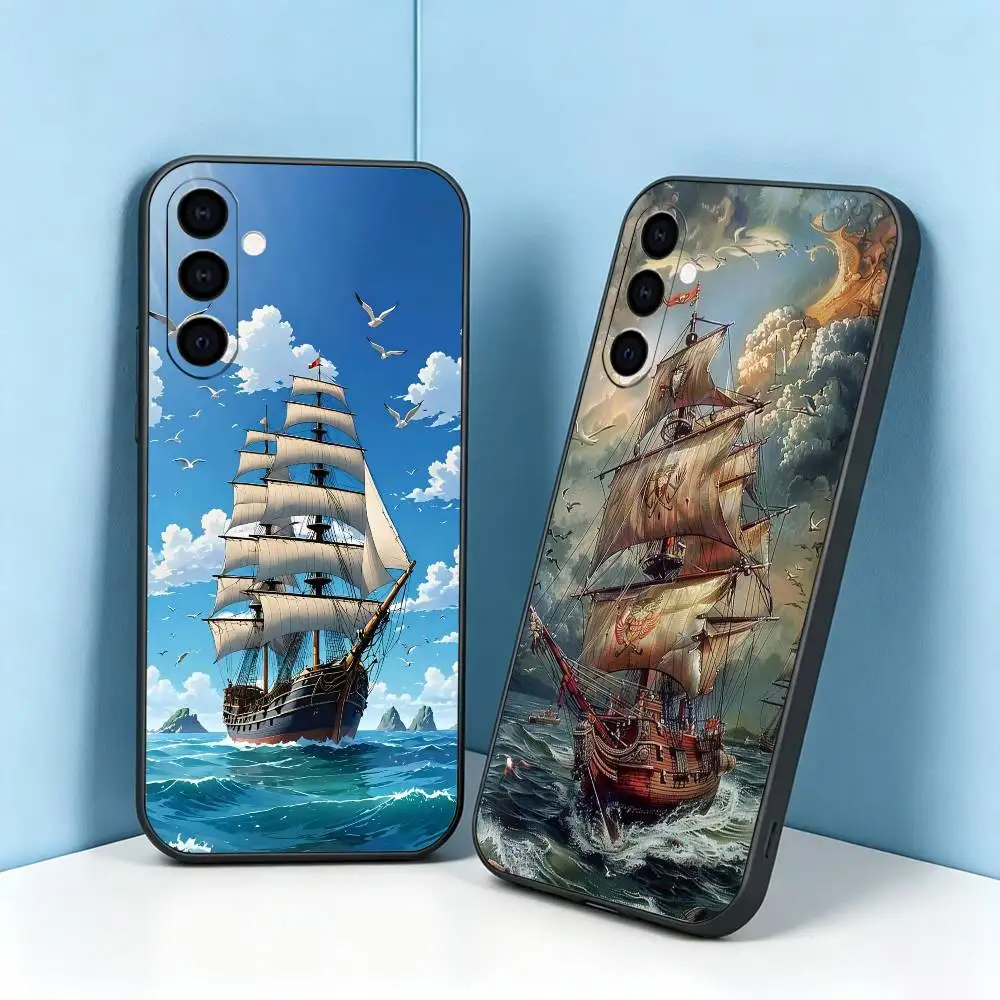 Vintage P-Pirate Ship  Phone Case Black Silicone Soft For Samsung Galaxy A73,A72,A71,A70,A53,A52,A51 Gift
