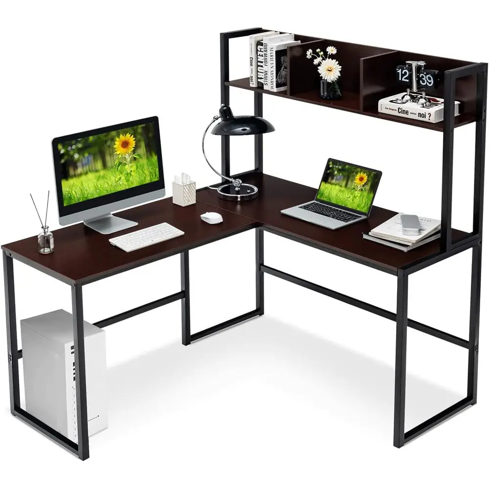 Adjustable L-Shaped Desk with Hutch, Compact Computer Desk featuring Storage Shelves, Home Office Study Writing Desk with Storag