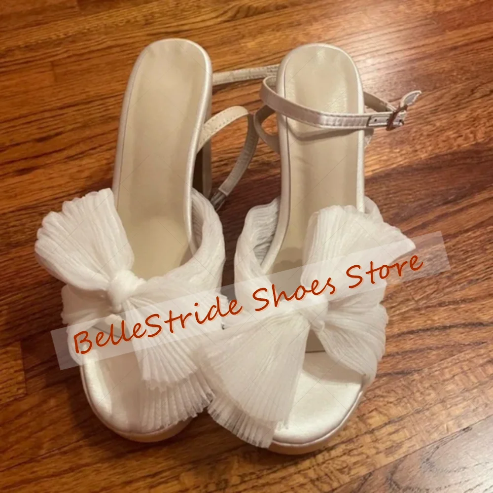 

Apricot Mesh Bow knot Decor Sandals Buckle Strap Women Shoes Chunky High Heels Party Banquet Dating 2025 Zapatos Para Mujere
