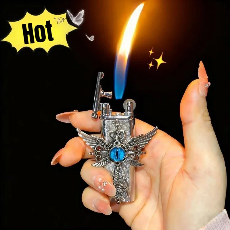 2026 Butane Gas Lighter, High-end Handmade Retro Cross Grinding Wheel Lighter, Portable Metal Open Flame Lighter, Smoking Gift