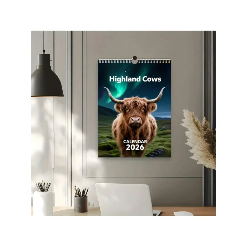 

2026Highland Cow Scottish Fold Cat Calendar Planner ，With Northern Lights Cow Photo