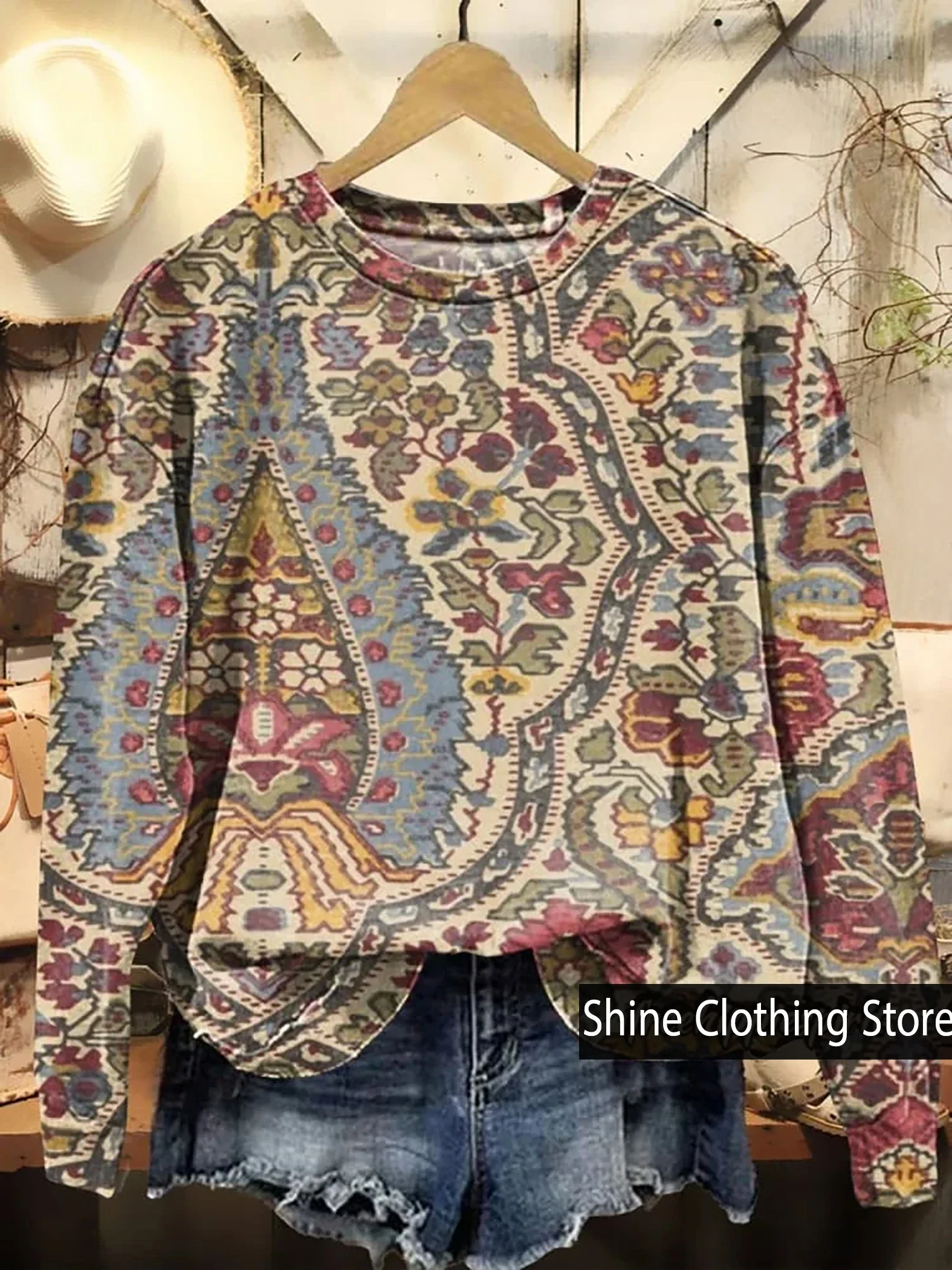 New Design Women's Boho Ethnic Print Casual Sweatshirt O-Neck Comfortable T-Shirt Size S To 5XL