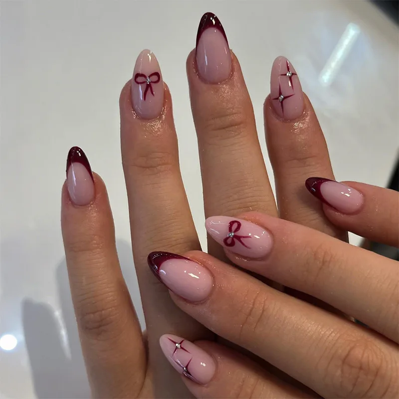 

24PCS Simple Wine Red French Stick on Nails Sweet Bowknot Star Patterns with Diamonds Fake Nails for Women Almond False Nail Set