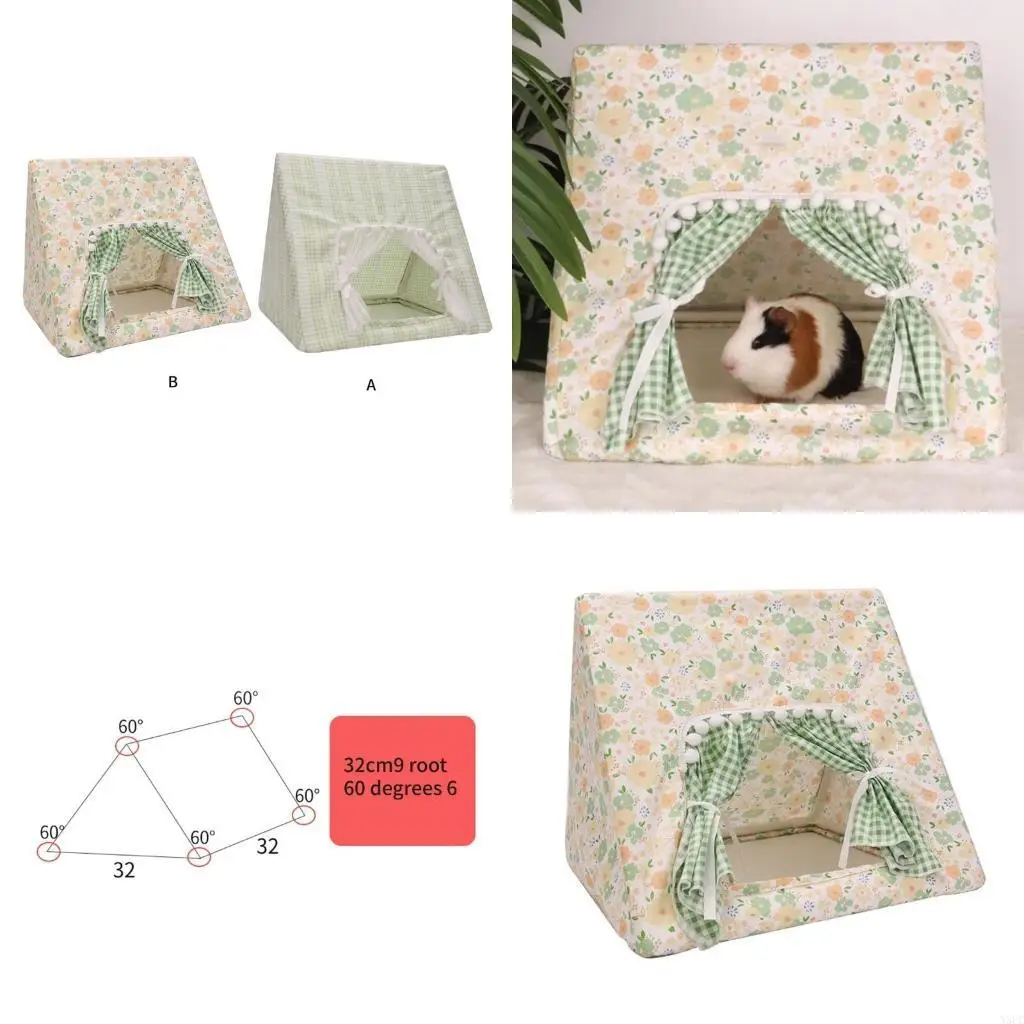 Guinea Pigs Hideouts House with Curtain Cage Entertainment Play Tent Pet Supply X3UC