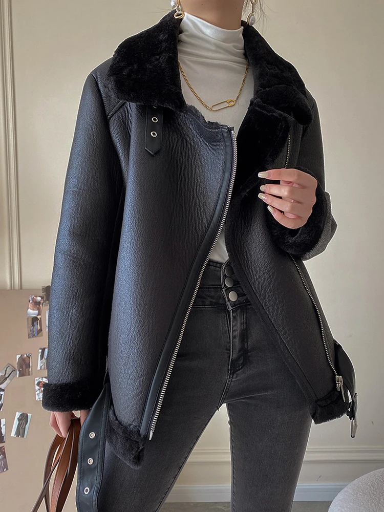 Ailegogo Streetwear Women Loose Thick Warm Faux Leather Fur Jacket with Belt Moto Biker Female Soft Sheepskin Coat Outwear