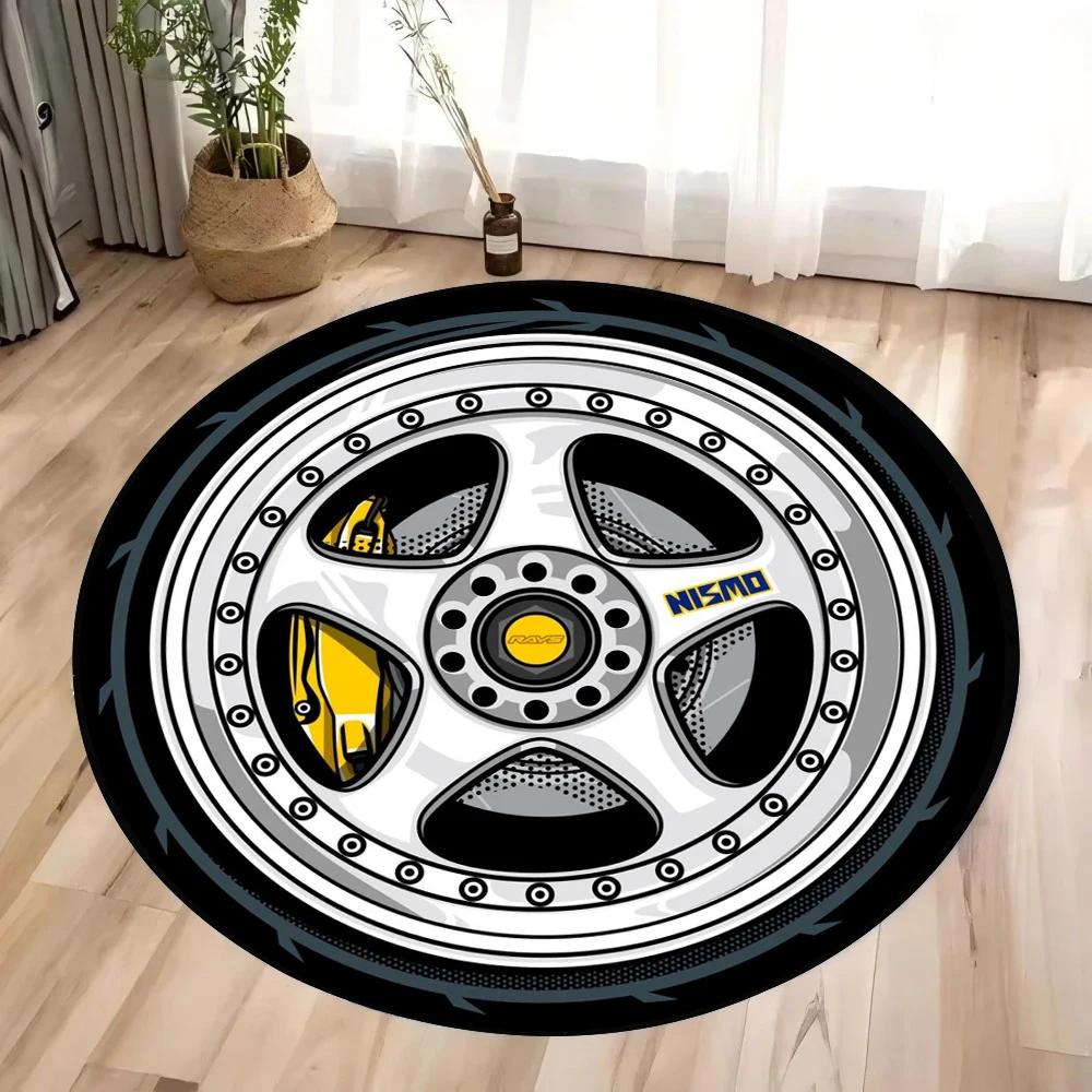 Black Wheels Printing Round Carpet Living Room Bedroom Kitchen Bathroom Floor Mat Soft Circle Rug Birthday Decor