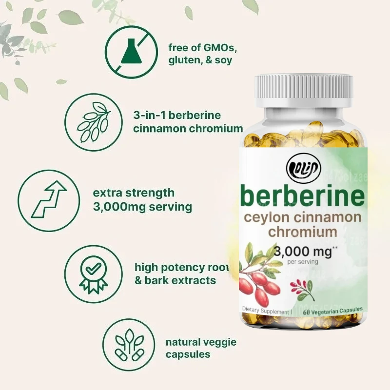 Berberine Hydrochloride Ceylon Cinnamon and Chromium Complex -60 Plant Capsules As A Whole Immune Health Supplement