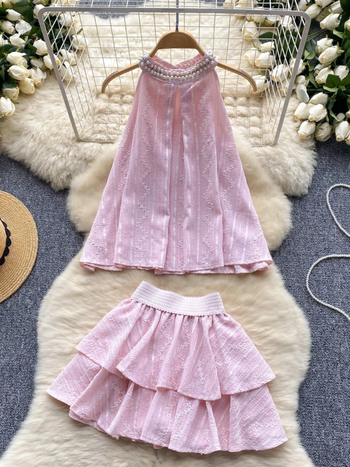 

Ele Beaded round Ne Svel Top High Waist Slim A-Line Skirt Sweet Two-Piece Set for Young Women Summer Faion