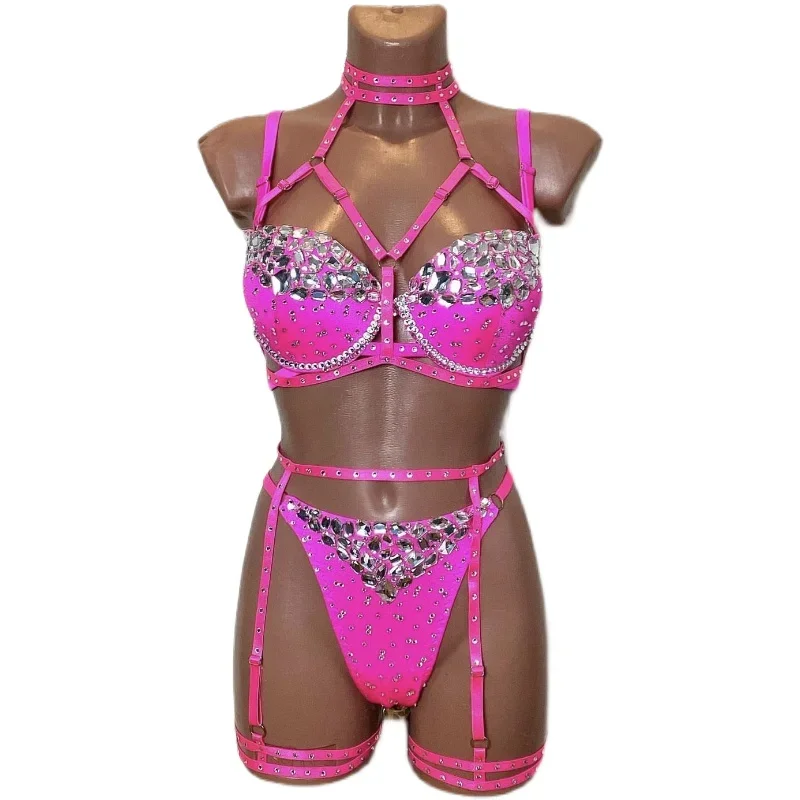 Costume de Pole Dance avec Strass Roses, Bikini, Discothèque, Bar, GKnitting, Performance, Dj, Ds, Rave Outfit