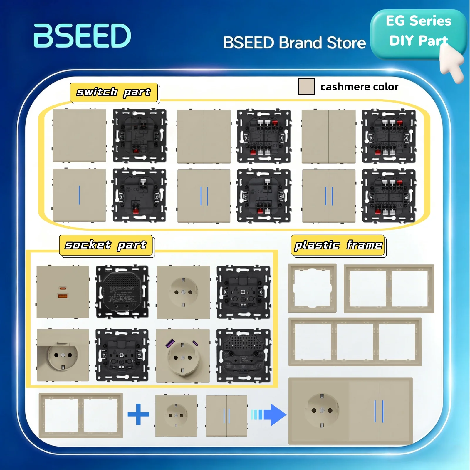 BSEED Wall Button Light Switch 1/2Gang 1/2Way EU Wall Socket Module Part Plastic Frame DIY Function Part Cashmere Color