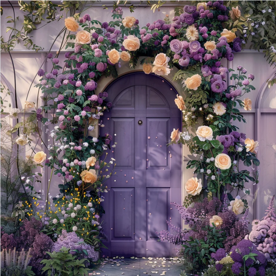 purple arched door beautiful flowers wedding bridal shower party photo background photography backdrops banner studio