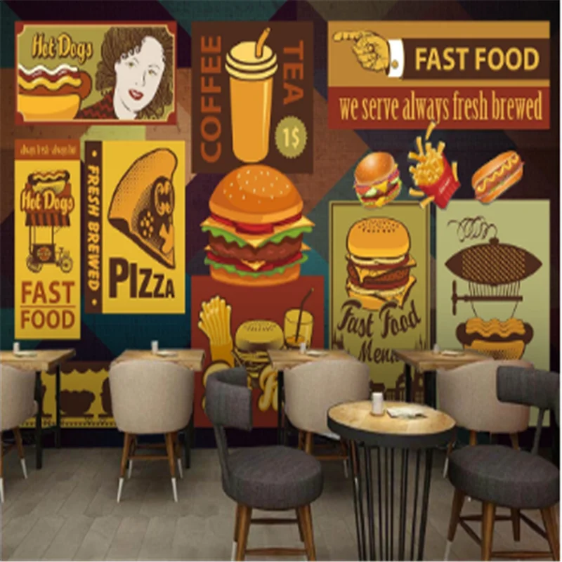 Custom Retro Western Fast Food Restaurant Snack Bar Industrial Decor Background Mural Wallpaper 3D Burger Pizza Wall Paper 3D