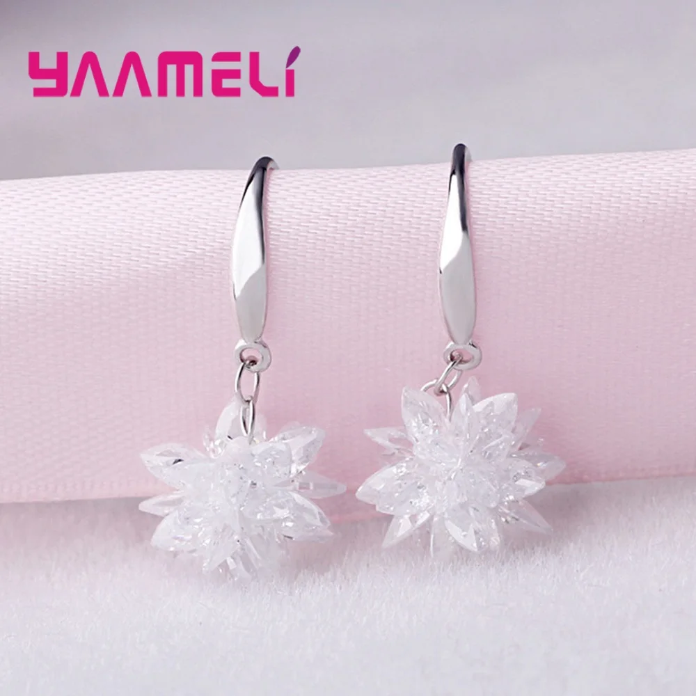 Hot Sale 925 Silver Color Earring Dazzling White Cubic Zirconia Flower Original Design Smooth Hook Woman Lady Ear Pendientes