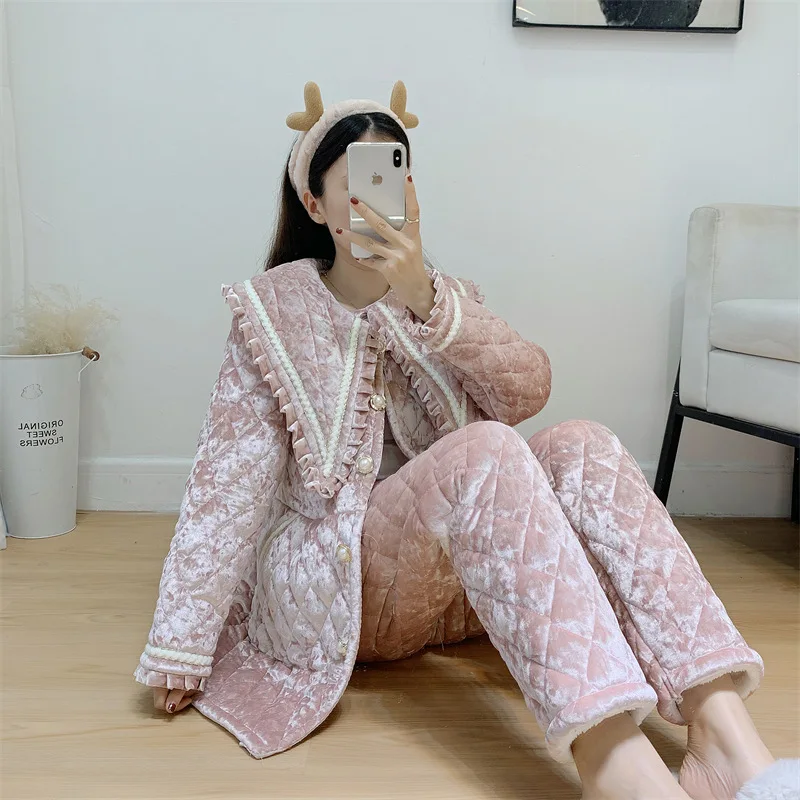 

Long Sleeve Shirt Pant Pajamas Sets Sleep Suit Nightwear Sleepwear Loose Lapel Lace Home Clothes Coral Velvet Homewear 2Pcs