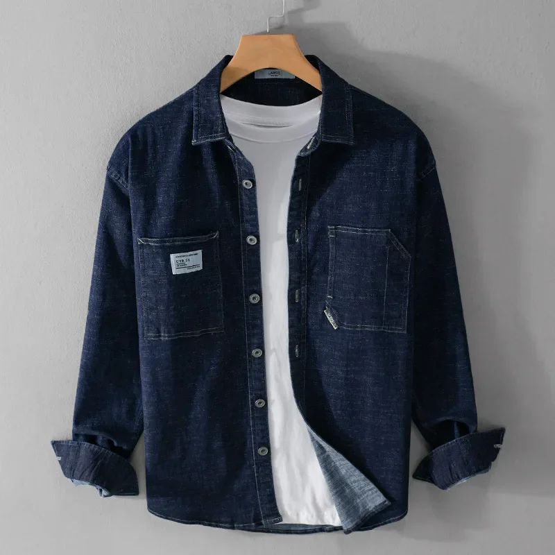 

Korean Vintage Blue Denim Shirt Men Long Sleeve Spring Fall Cowboy Tops Casual Work Shirt Double Pocket Cotton Jean Shirts Male