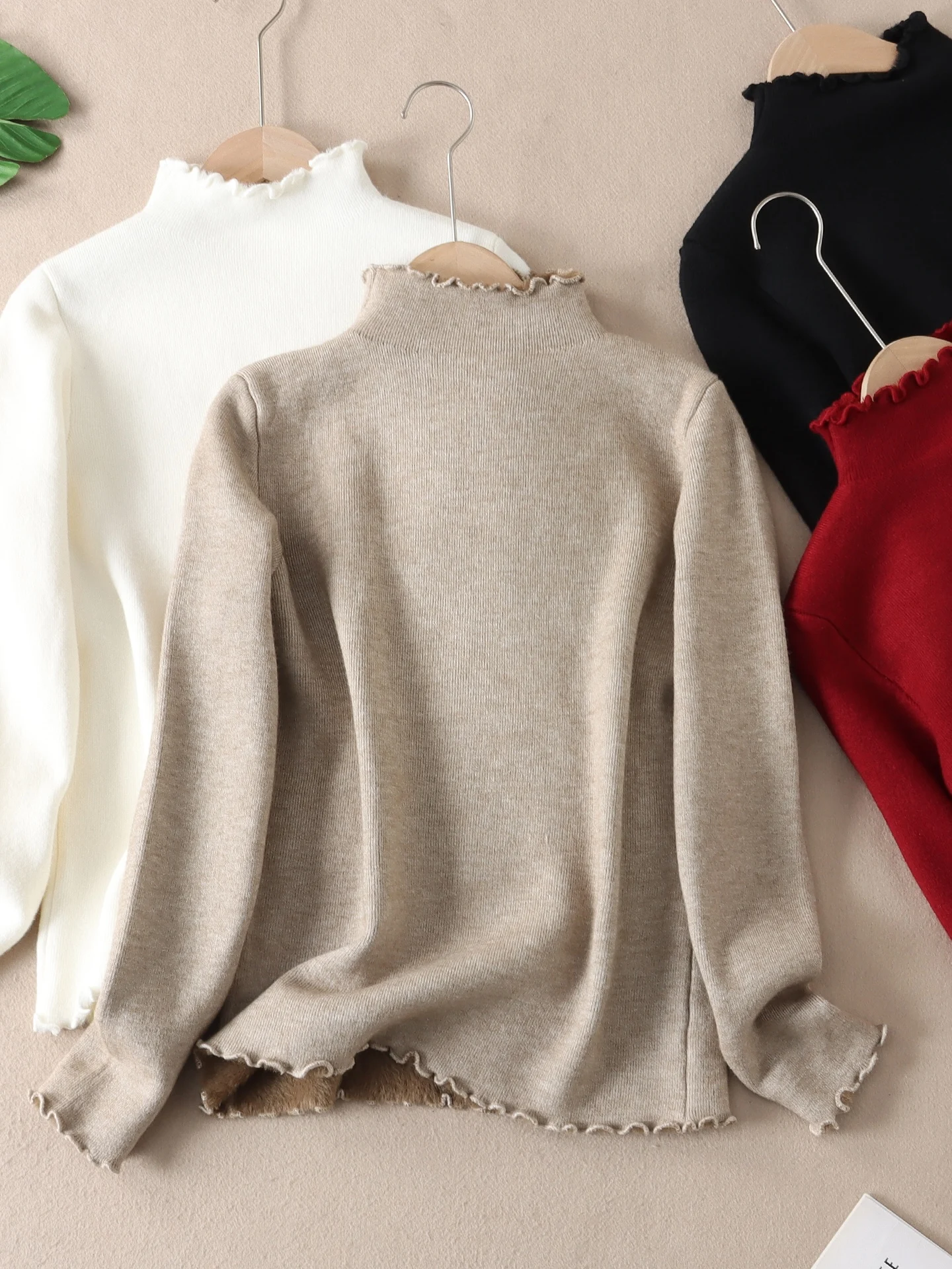 Thiened One-Piece Earlet Trim Woolen Sweater Women's Winter Warm Soft Slim Fit Inner Wear Knitted Fine Yarn Long Sve