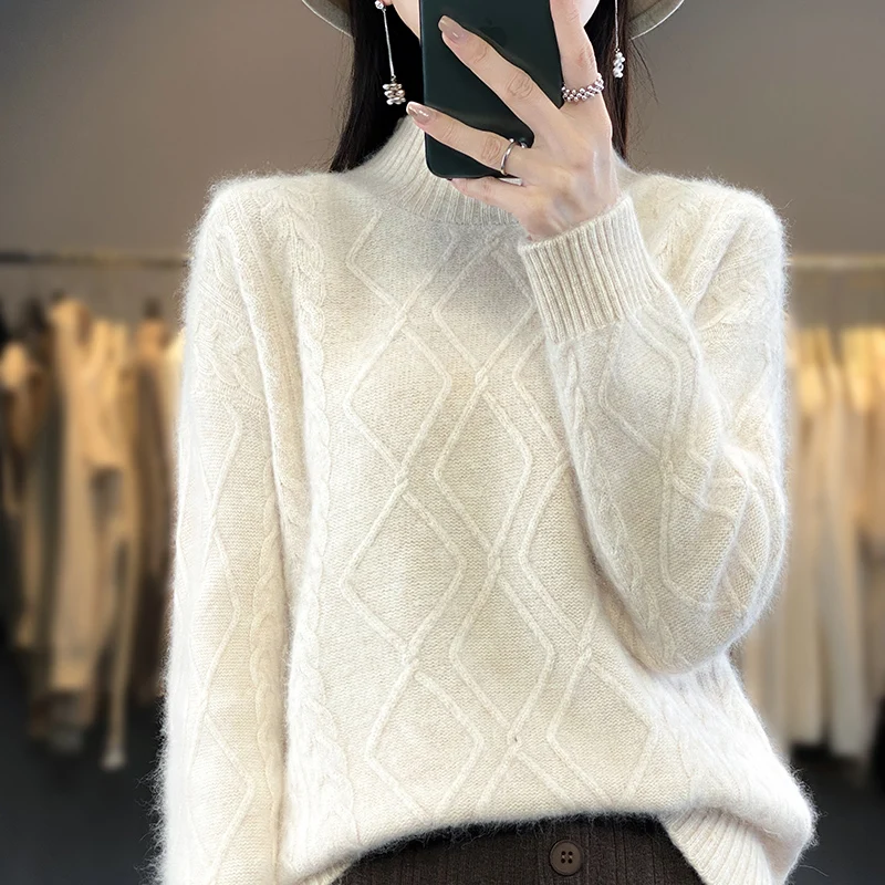 

Autumn And Winter New 100% Mink Velvet Female Diamond-Shaped Half-Height Long-Sleeved Loose Pullover Solid Color Knitted DBR056