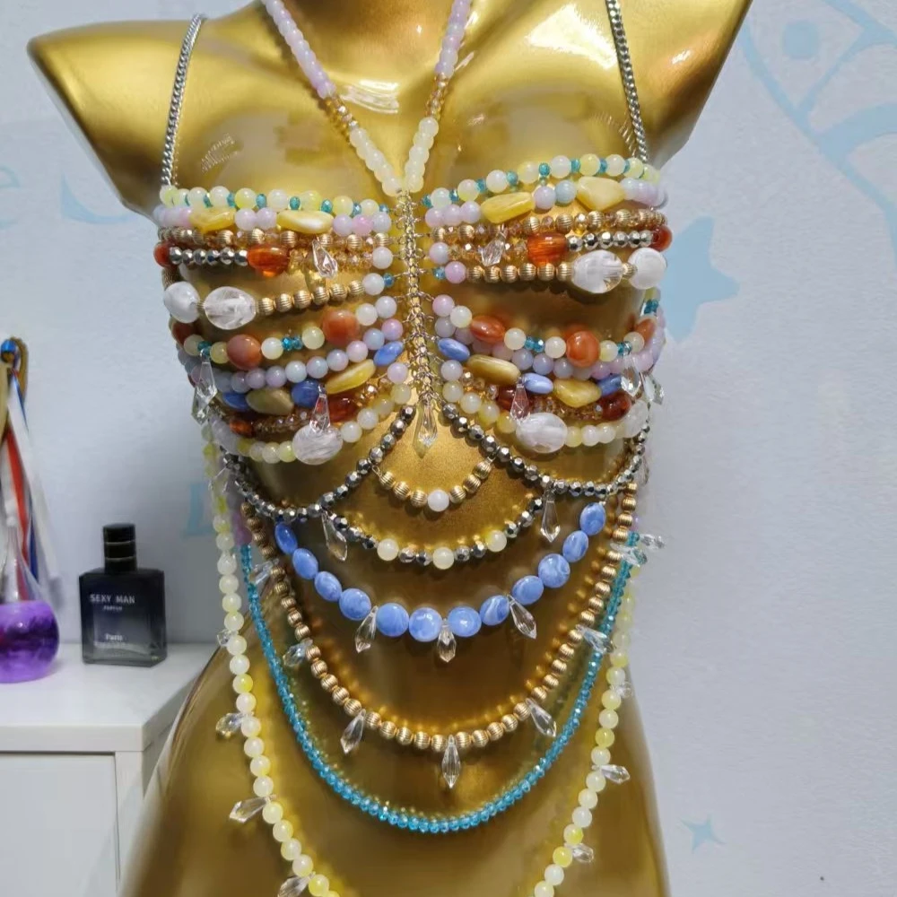European Hand-woven Bling Glass Rhinestone Beaded Bra Chain Bikini Crop Tops Mixed Color Stone Crystal Tassel Beads Body Chains